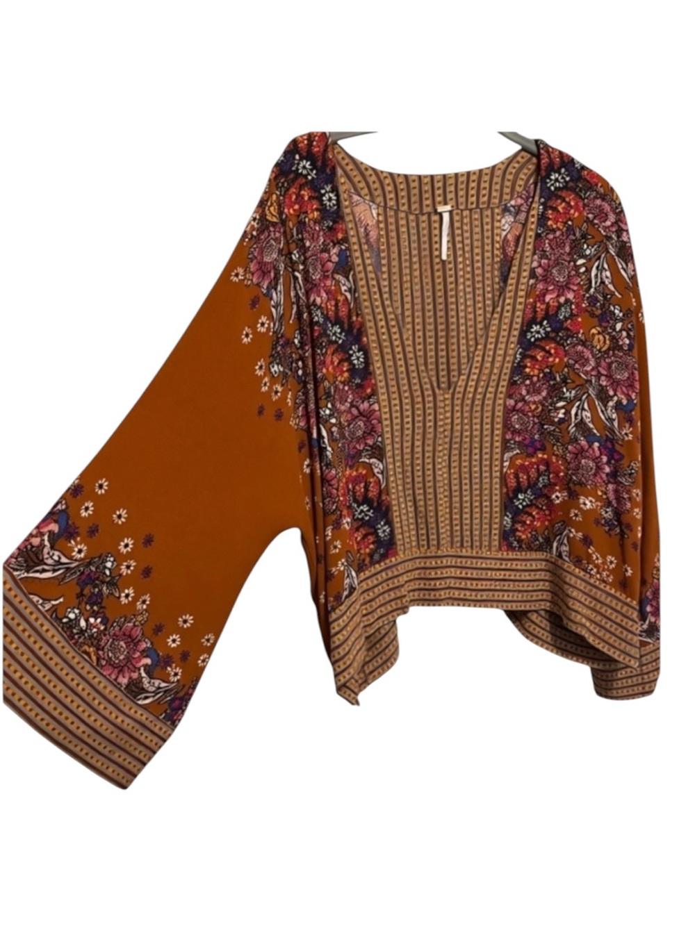 Free People Kimono Blouse Womens Medium Brown Floral Boho Wide Sleeve Crop Top